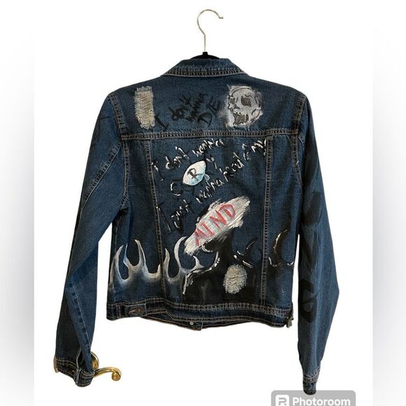 Highway Jeans Denim Jacket Cropped Distressed Customized 100% Cotton L - Picture 2 of 9